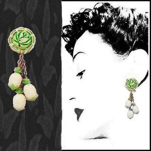 Funky Dangle Roses & Pineapples Earrings OOAK Made with Vintage